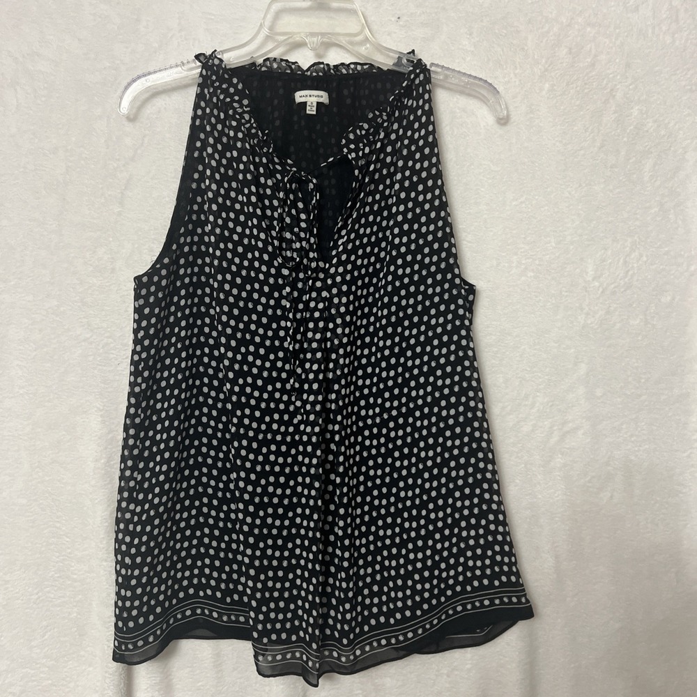 Max Studio Black White Polka Dot Sleeveless Top Blouse Sz S Tie Neck Office Work